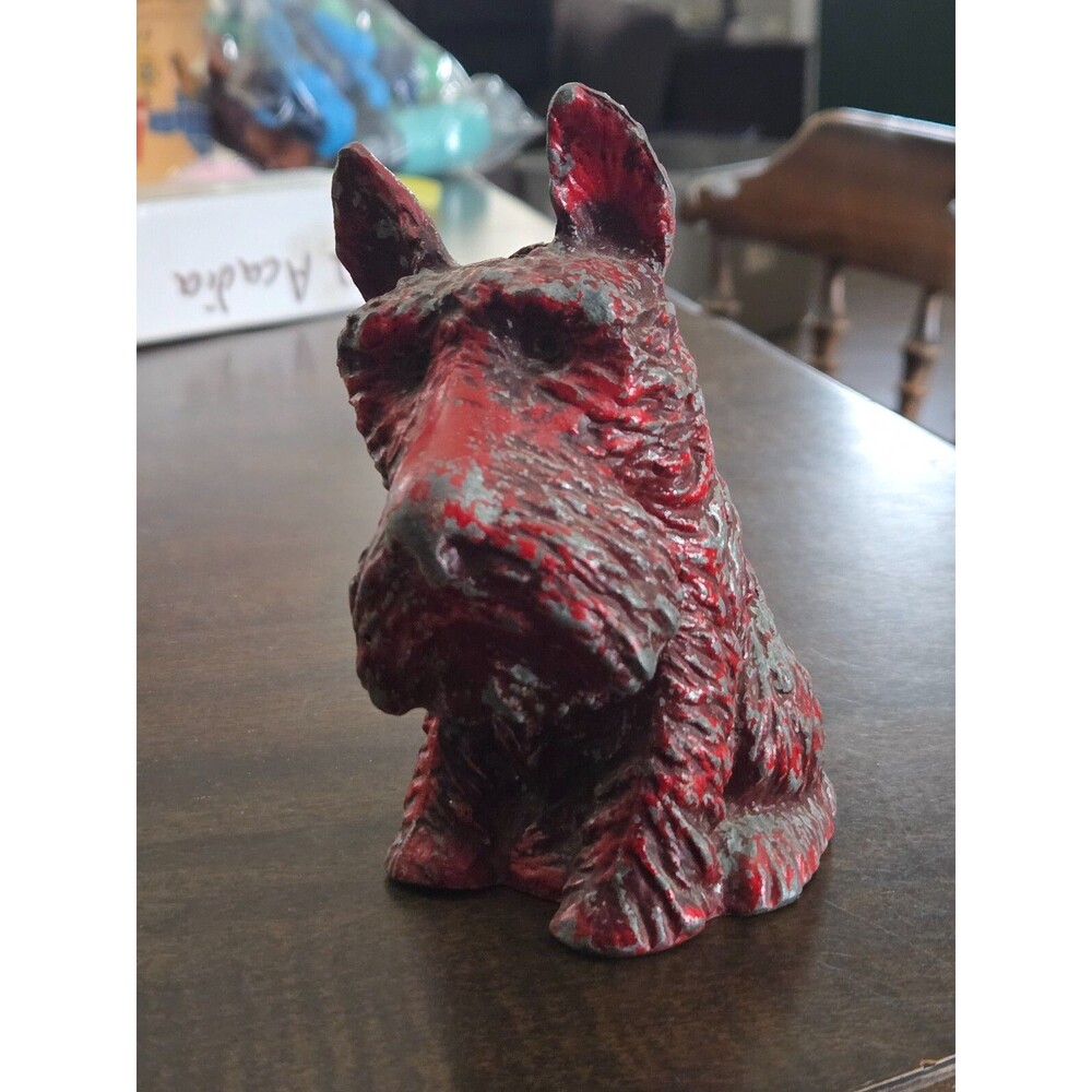 1930's Red Scottie Dog Cast Metal Piggy Coin Bank w/Stopper